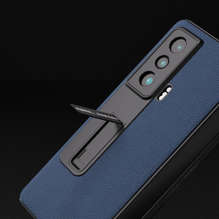 殼膜一體真皮+PC荔枝紋手機保護殼帶支架, For Honor Magic Vs