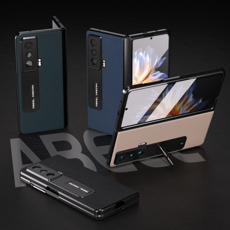 殼膜一體真皮+PC荔枝紋手機保護殼帶支架, For Honor Magic Vs