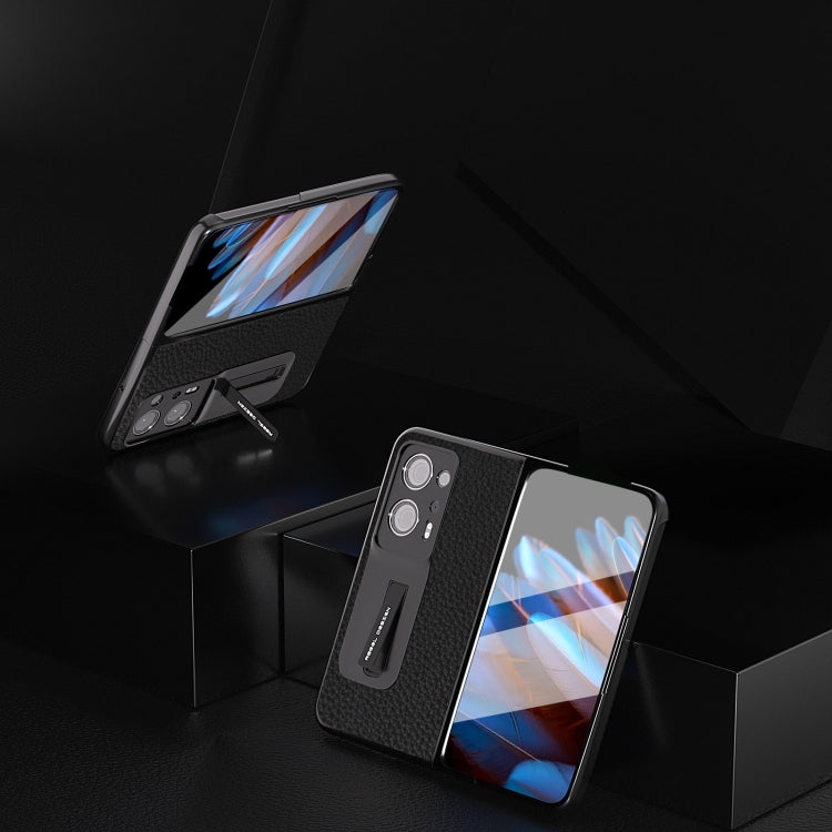 殼膜一體真皮荔枝紋手機保護殼帶支架