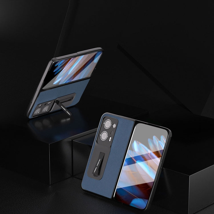 殼膜一體真皮+PC荔枝紋手機保護殼帶支架