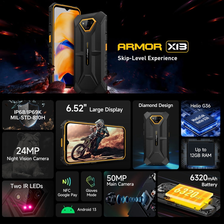 Ulefone Armor X13，IP68/IP69K三防機  6.52英寸安卓13 Helio G36八核, 網絡：4G, NFC, OTG
