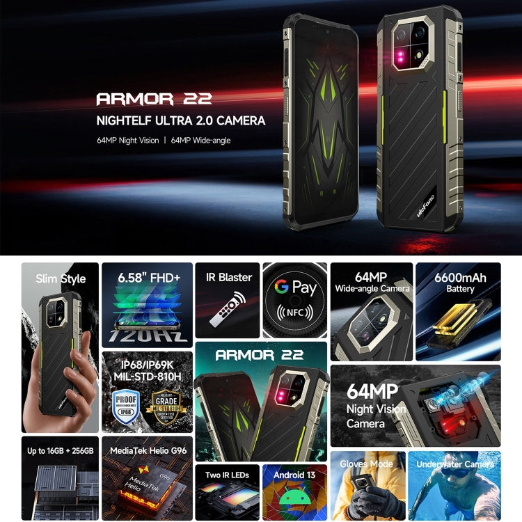 Ulefone Armor 22，IP68/IP69K三防機  6.58英寸安卓13 Helio G96八核, 網絡：4G, NFC, OTG