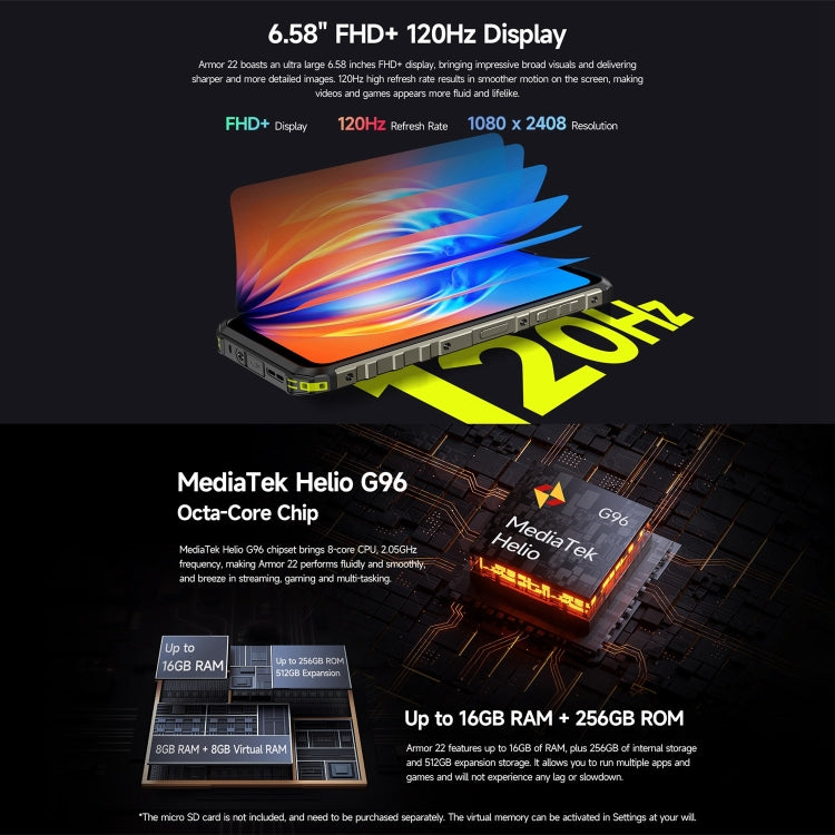 Ulefone Armor 22，IP68/IP69K三防機  6.58英寸安卓13 Helio G96八核, 網絡：4G, NFC, OTG