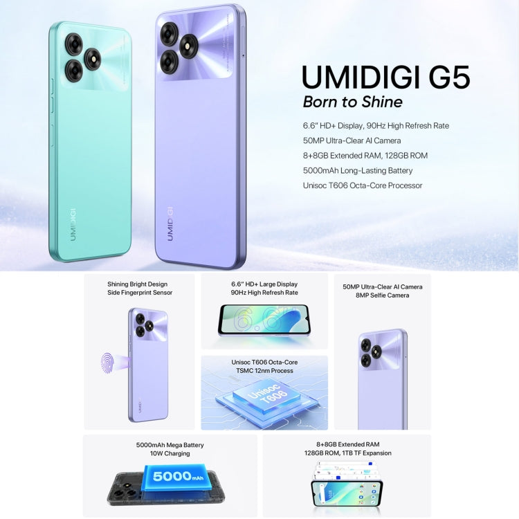 UMIDIGI G5，面部/側鍵指紋識別, 6.6 英寸安卓13紫光展銳T606八核, 網絡：4G, 8GB+128GB
