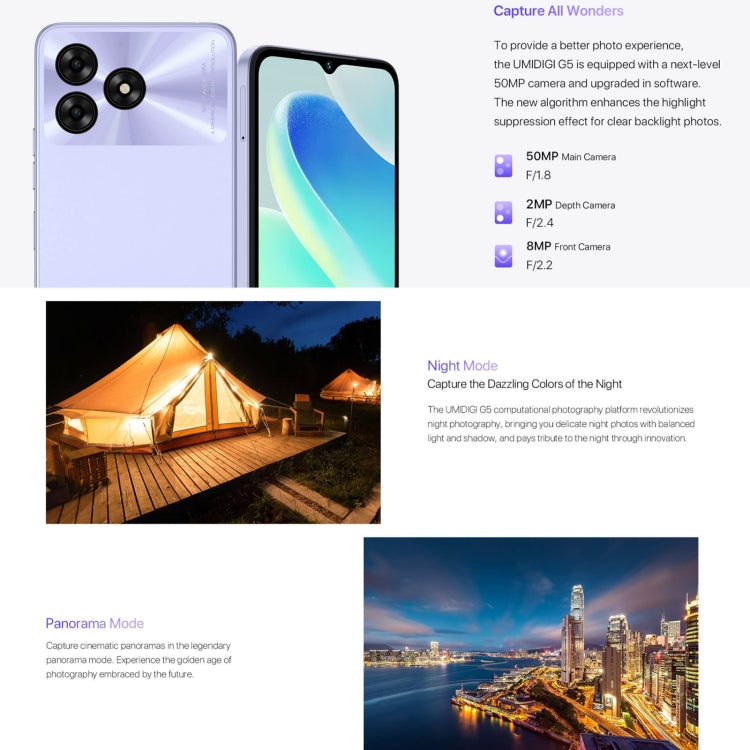 UMIDIGI G5，面部/側鍵指紋識別, 6.6 英寸安卓13紫光展銳T606八核, 網絡：4G, 8GB+128GB