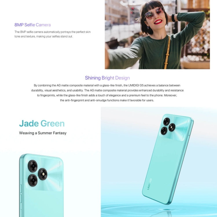 UMIDIGI G5，面部/側鍵指紋識別, 6.6 英寸安卓13紫光展銳T606八核, 網絡：4G, 8GB+128GB