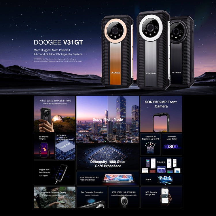 DOOGEE V31GT，熱像儀 三防機  6.58英寸安卓13 天璣1080八核, 網絡：5G, OTG, NFC 支持Google Pay, 12GB+256GB