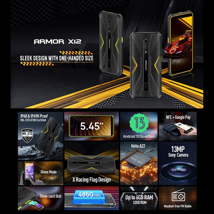 Ulefone Armor X12，三防機  5.45英寸安卓13 Go Helio A22 四核, 網絡：4G, NFC