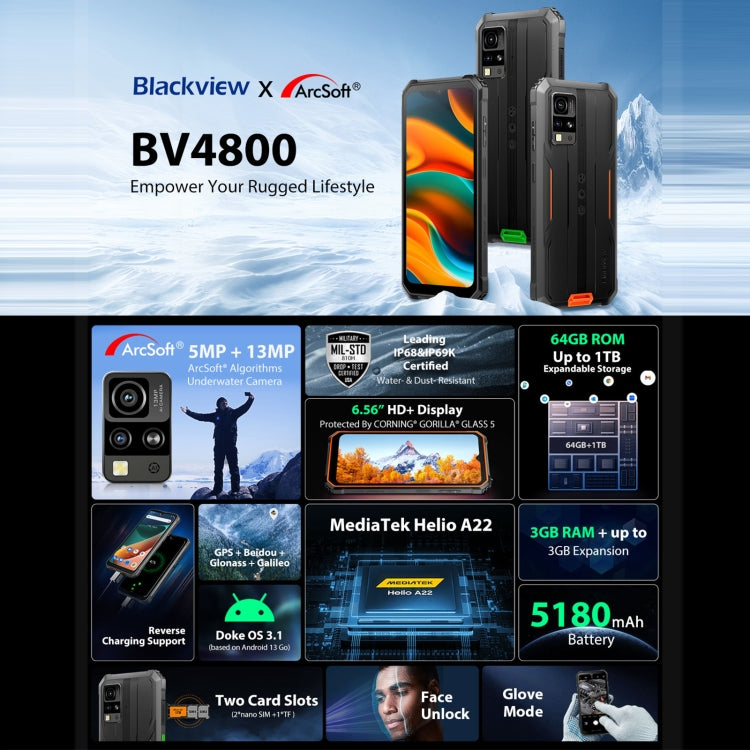 Blackview BV4800，IP68/IP69K三防機  6.56英寸安卓13 GO MT6761V/WB Helio A22 四核, 網絡：4G, OTG, BV4800 3GB+64GB