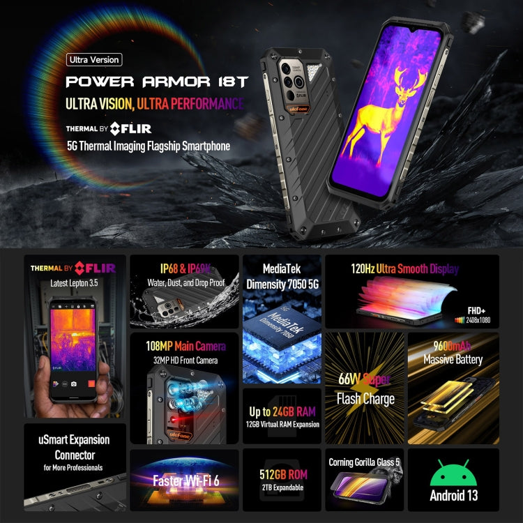 Ulefone Power Armor 18T Ultra Version 5G熱像儀三防機，6.58英寸安卓13天璣7050八核, 網絡：5G, NFC, OTG