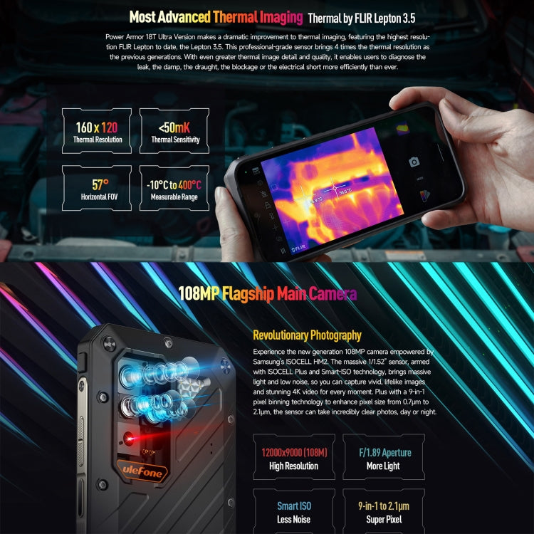 Ulefone Power Armor 18T Ultra Version 5G熱像儀三防機，6.58英寸安卓13天璣7050八核, 網絡：5G, NFC, OTG