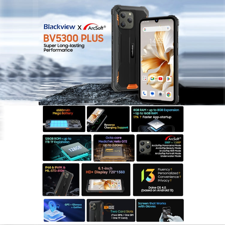 Blackview BV5300 Plus，IP68/IP69K三防機  6.1英寸安卓13 MediaTek Helio G72八核, 網絡：4G, OTG
