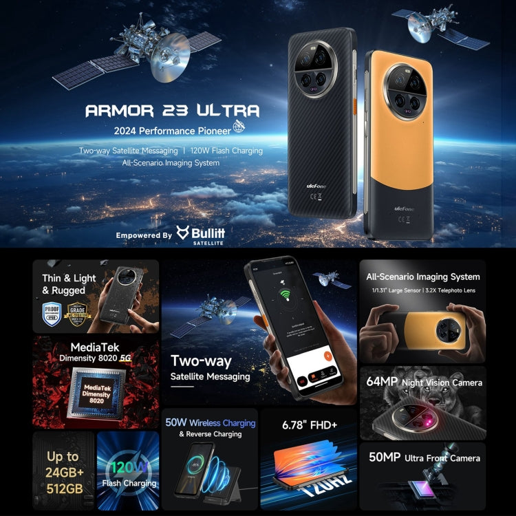 Ulefone Armor 23 Ultra三防機，6.78英寸安卓13天璣8020八核, 網絡：5G, NFC, OTG,  衛星短報文