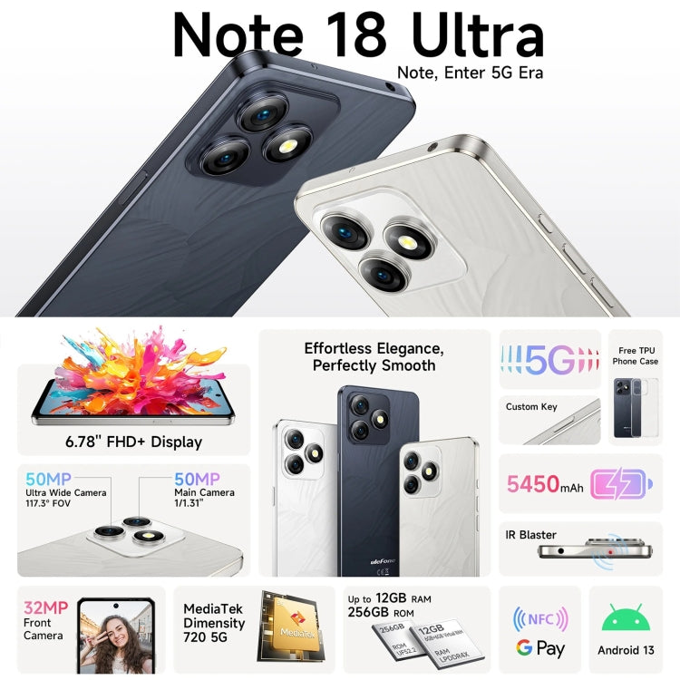 Ulefone Note 18 Ultra，側鍵指紋，6.78英寸Android 13 MediaTek 天璣720 5G MT6853八核2.0GHz，NFC，網絡：5G