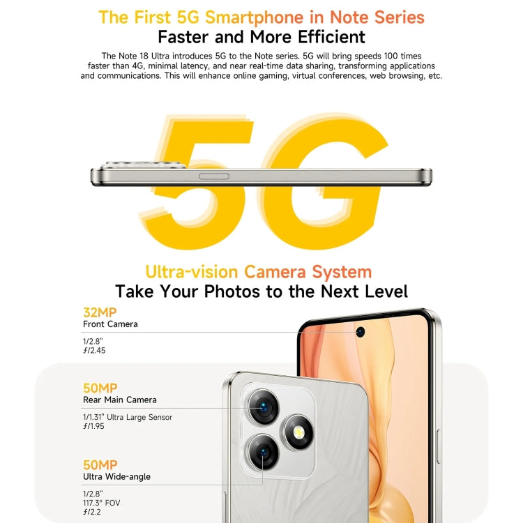 Ulefone Note 18 Ultra，側鍵指紋，6.78英寸Android 13 MediaTek 天璣720 5G MT6853八核2.0GHz，NFC，網絡：5G