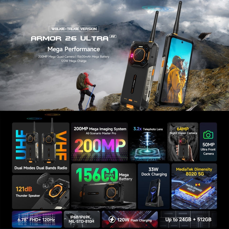 Ulefone Armor 26 Ultra帶對講三防機  6.78英寸安卓13 天璣8020八核, 網絡：5G, NFC