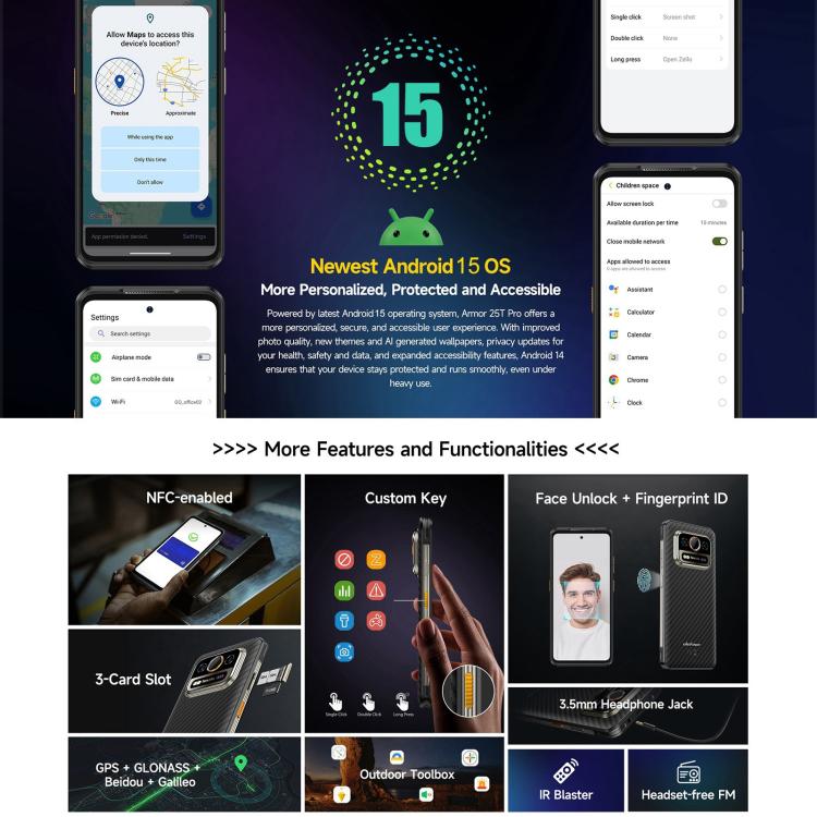Ulefone Armor 25T Pro三防機  熱成像, 6.78英寸安卓15天璣6300八核, 網絡：5G, NFC, 8GB+256GB