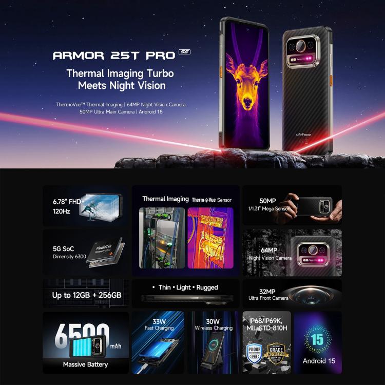 Ulefone Armor 25T Pro三防機  熱成像, 6.78英寸安卓15天璣6300八核, 網絡：5G, NFC, 8GB+256GB