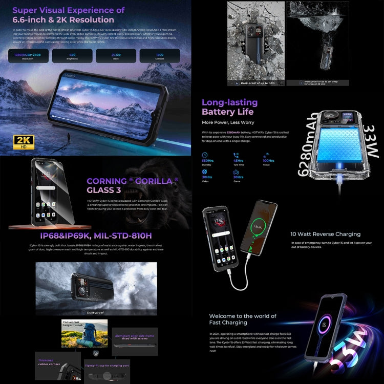 HOTWAV Cyber 15，IP68/IP69K三防機  6.6英寸安卓13 MediaTek MT6789 Helio G99八核, 網絡：4G, NFC, OTG