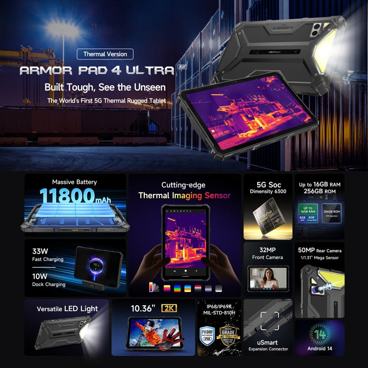 歐樂風 Armor Pad 4 Ultra 熱成像版本三防平板，10.36英寸安卓14 聯科發天璣6300八核 5G網絡，歐規