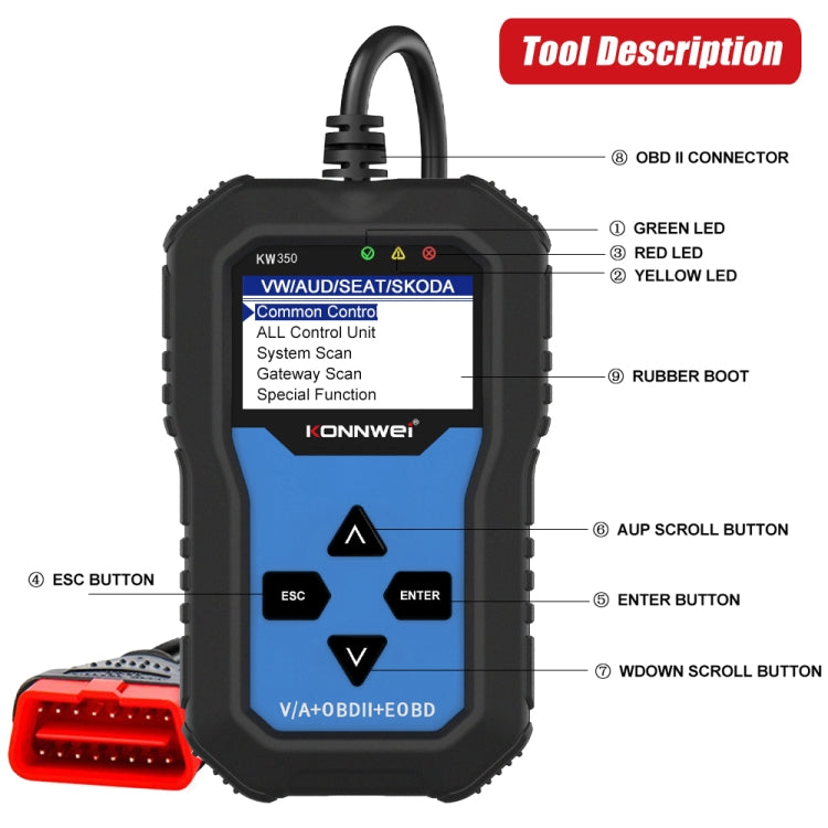 KONNWEI KW350 OBDII 2寸黑白屏12V汽車診斷儀檢測儀掃描儀V007  適用於奧迪/大眾