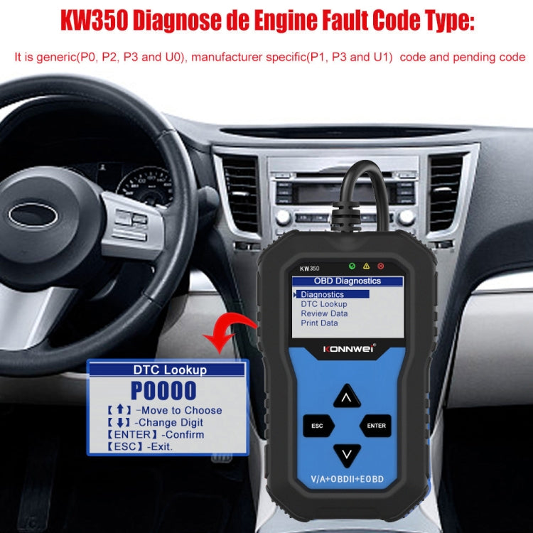 KONNWEI KW350 OBDII 2寸黑白屏12V汽車診斷儀檢測儀掃描儀V007  適用於奧迪/大眾