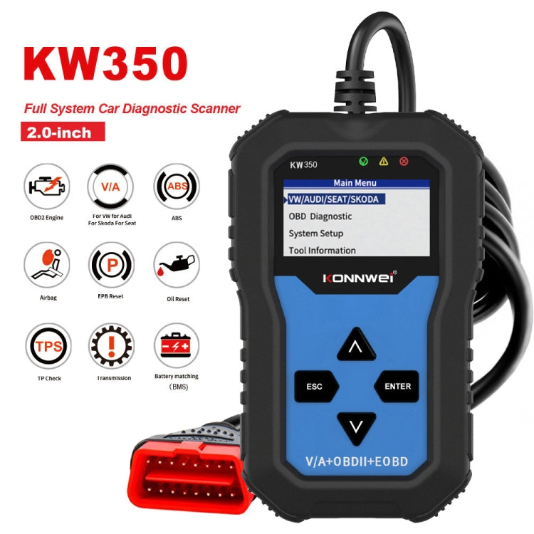 KONNWEI KW350 OBDII 2寸黑白屏12V汽車診斷儀檢測儀掃描儀V007  適用於奧迪/大眾