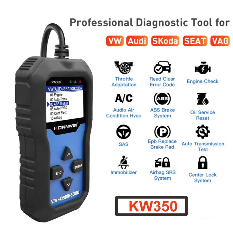 KONNWEI KW350 OBDII 2寸黑白屏12V汽車診斷儀檢測儀掃描儀V007  適用於奧迪/大眾