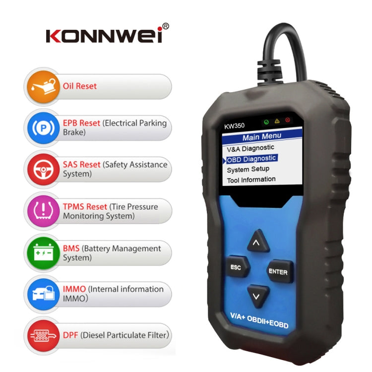 KONNWEI KW350 OBDII 2寸黑白屏12V汽車診斷儀檢測儀掃描儀V007  適用於奧迪/大眾