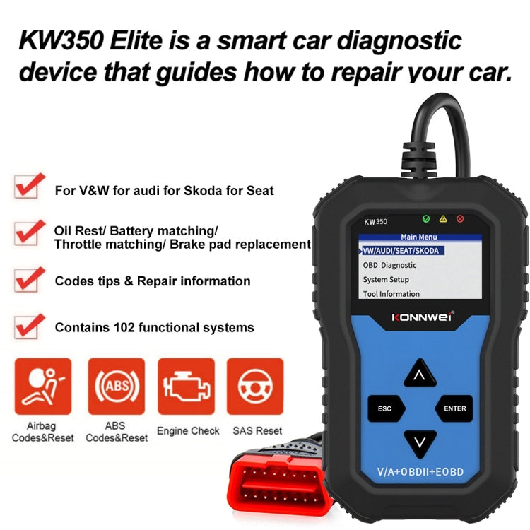 KONNWEI KW350 OBDII 2寸黑白屏12V汽車診斷儀檢測儀掃描儀V007  適用於奧迪/大眾