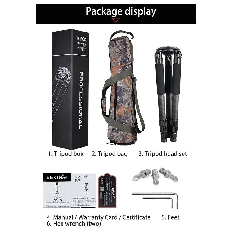 BEXIN ST364C 便攜式攝影碳纖維三角架, 粗管徑：36mm