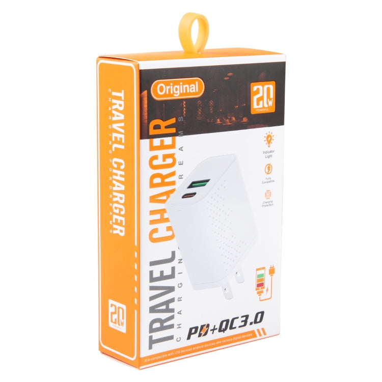 PD 20W Type-C+QC 3.0 USB 點紋旅行充電器，美規
