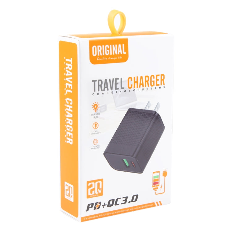 PD 20W Type-C+QC 3.0 USB 格紋旅行充電器，美規