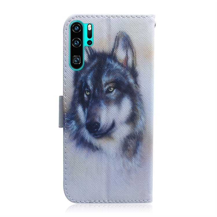 適用於華為 P30 Pro 白狼圖案 彩繪左右開皮套，帶支架&卡槽&錢包