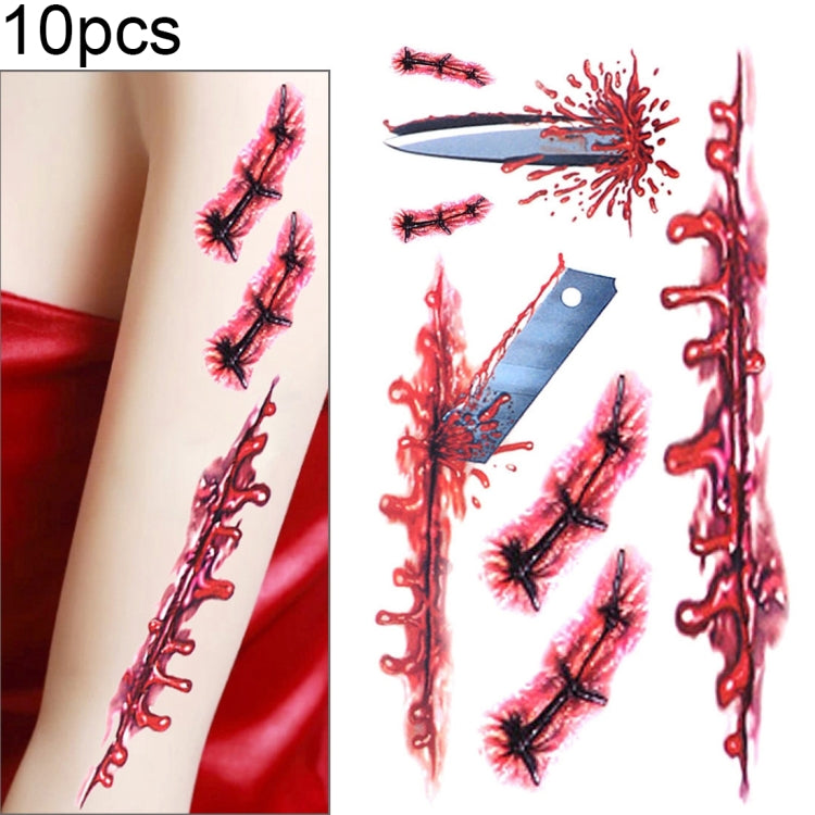 10pcs S-045 Halloween Terror Wound Realistic Blood Injury Scar Temporary Tattoo Sticker, S-045/10pcs