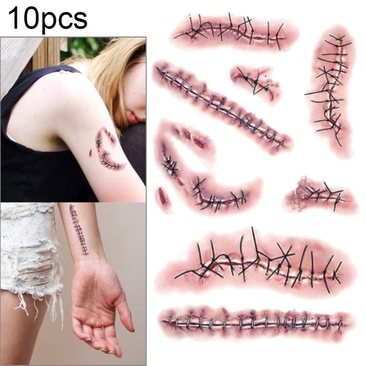10pcs S-263 Halloween Terror Realistic Wound Injury Scar Temporary Tattoo Sticker, S-263/10pcs
