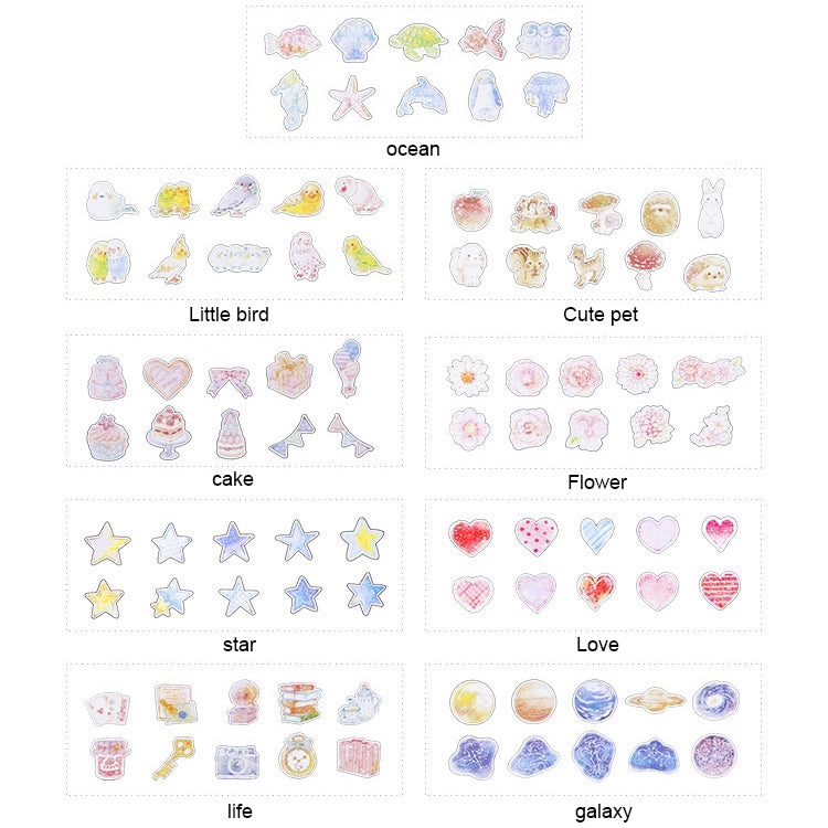 10包賣 水彩防水pvc貼紙包 創意手賬日記DIY相冊裝飾貼紙，隨機發貨