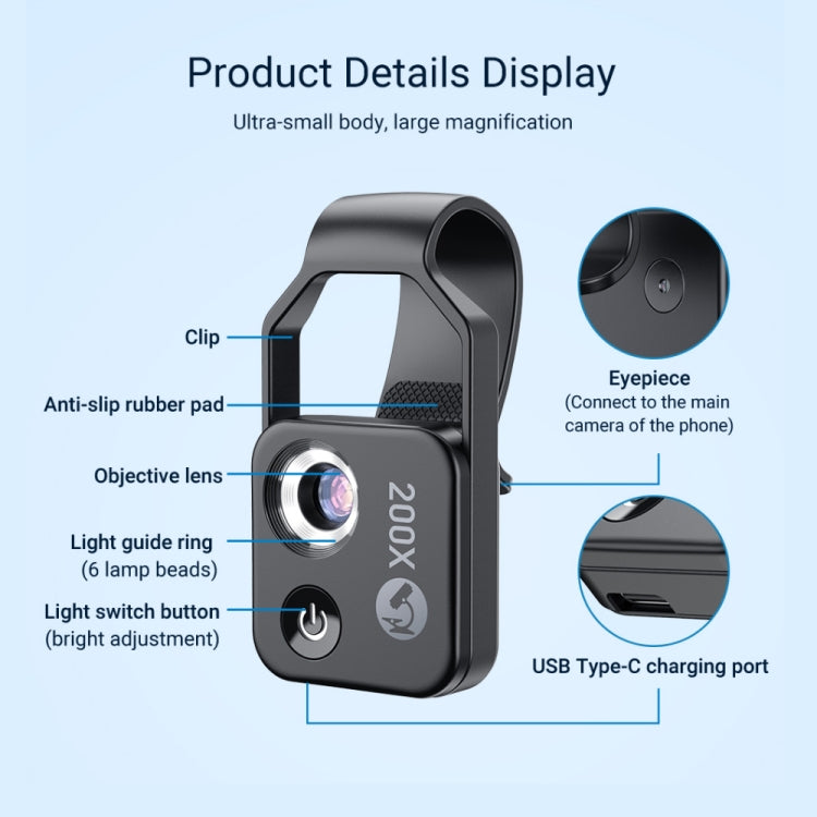 APEXEL APL-MS002BK 200倍放大高清通用便攜手機顯微鏡 帶LED燈
