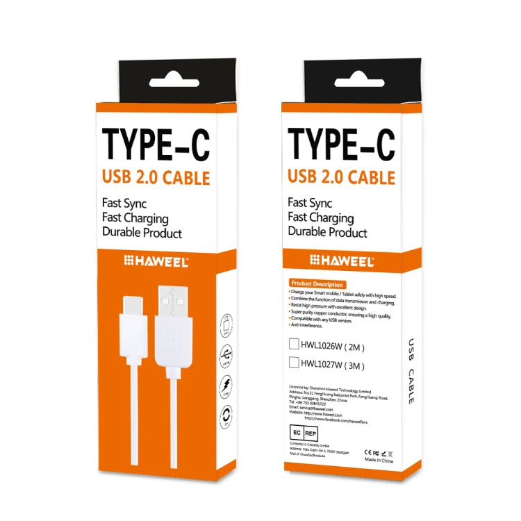 HAWEEL USB Type-C 轉 USB 2.0  充電數據線, 長度2米