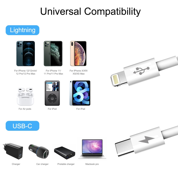 HAWEEL 25W 3A USB-C / Type-C轉8 Pin PD快充數據線，線材長度:1米