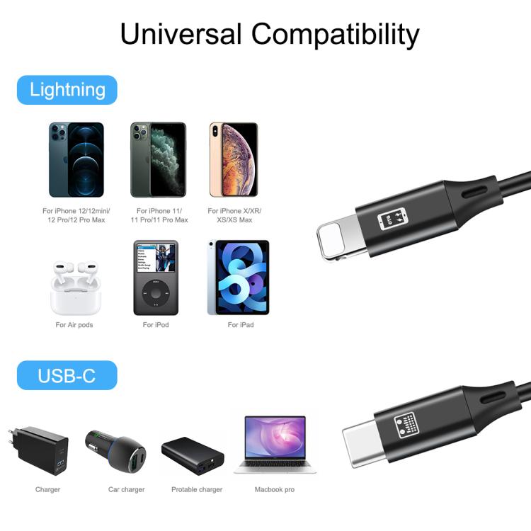 HAWEEL USB-C / Type-C轉8 Pin 充電數據線，線材長度:1米