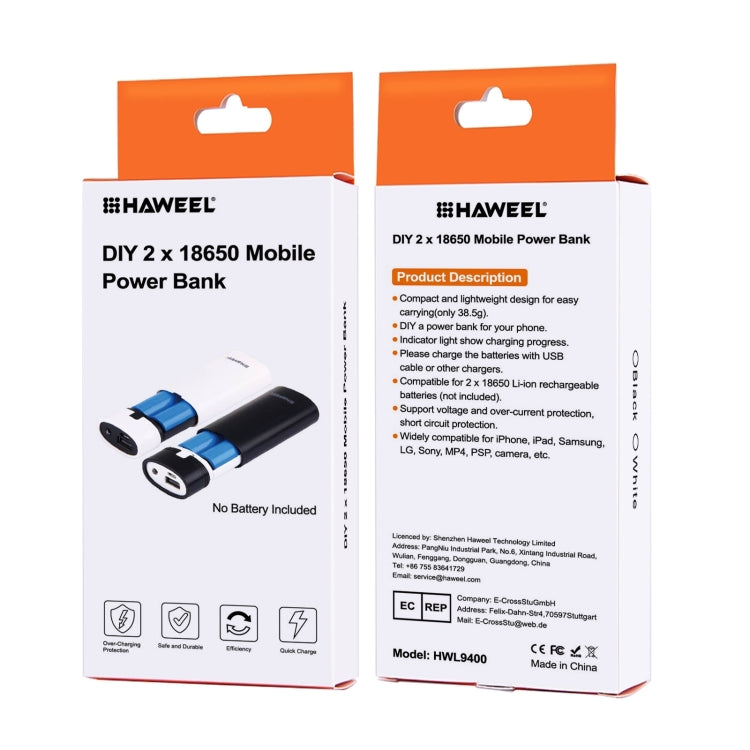 HAWEEL 2節18650電池移動電源盒 帶USB接口輸出&指示燈 不包含電池