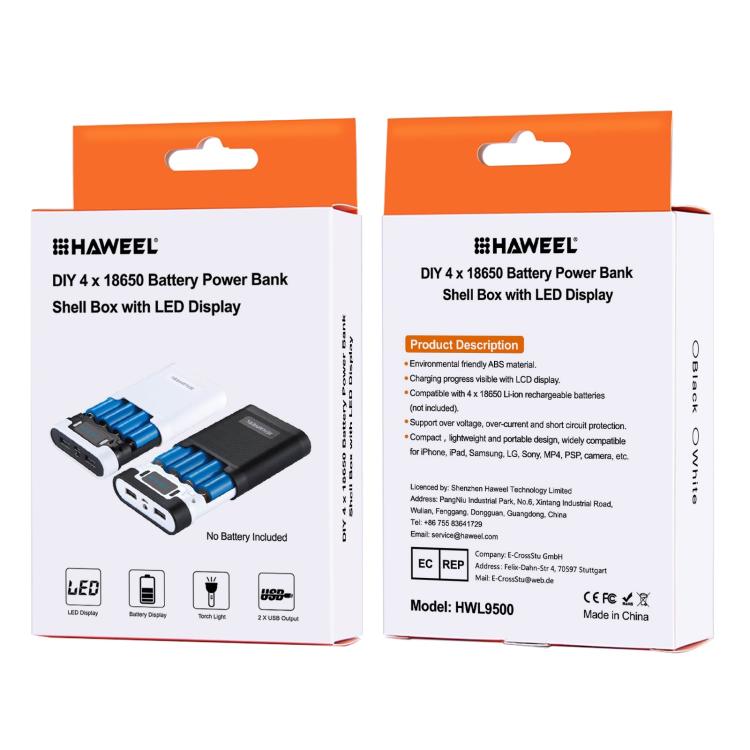 HAWEEL 4節18650電池移動電源盒 帶2xUSB接口輸出&显示屏 不包含電池