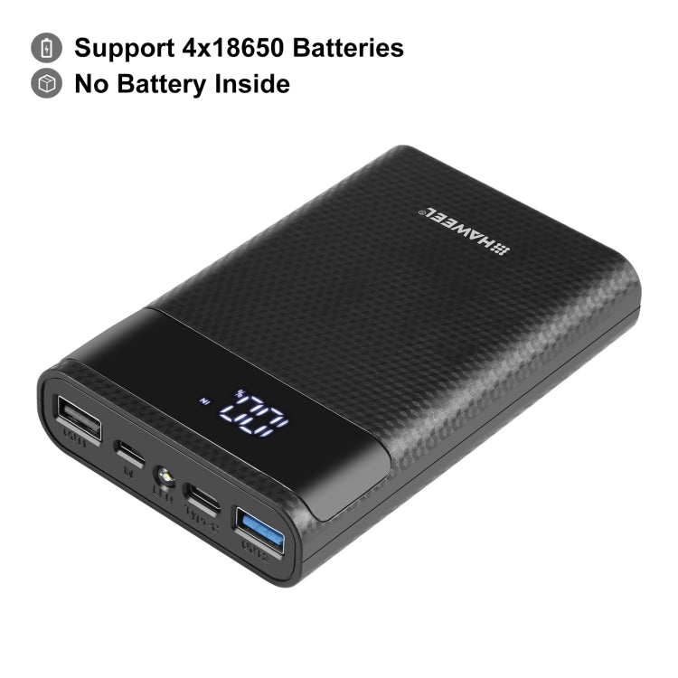 HAWEEL 4節18650電池移動雙向快充電源盒 帶2xUSB接口輸出&显示屏 不包含電池 支持快充協議