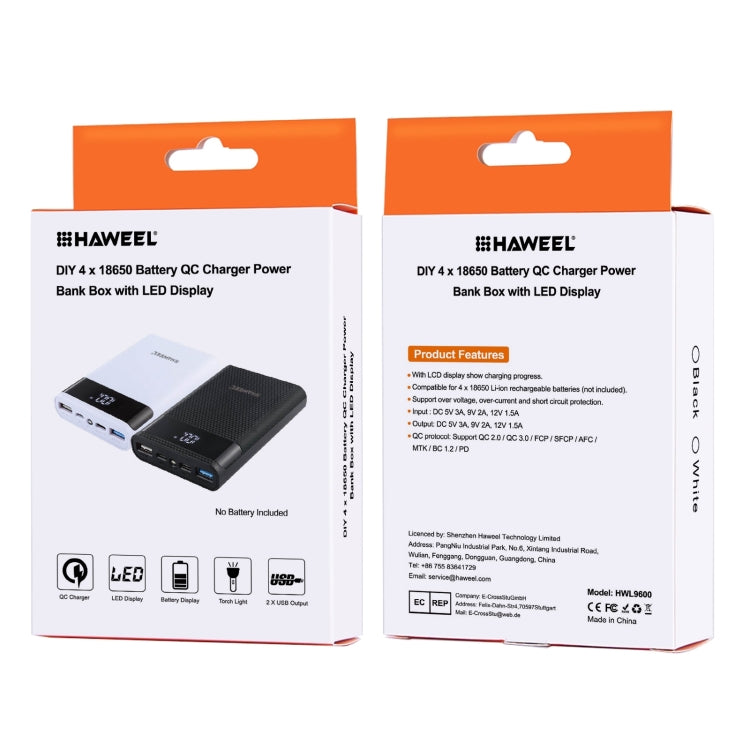 HAWEEL 4節18650電池移動雙向快充電源盒 帶2xUSB接口輸出&显示屏 不包含電池 支持快充協議