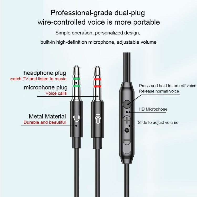 蘭士頓 V6 3.5mm 雙插頭有線入耳式耳機帶麥克風，線長：2m