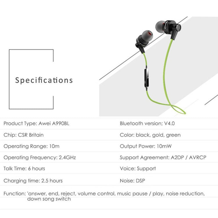 AWEI A990BL 無線運動藍牙立體聲耳機帶線控+麥克風，支持免提通話