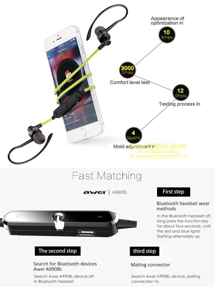 AWEI A990BL 無線運動藍牙立體聲耳機帶線控+麥克風，支持免提通話
