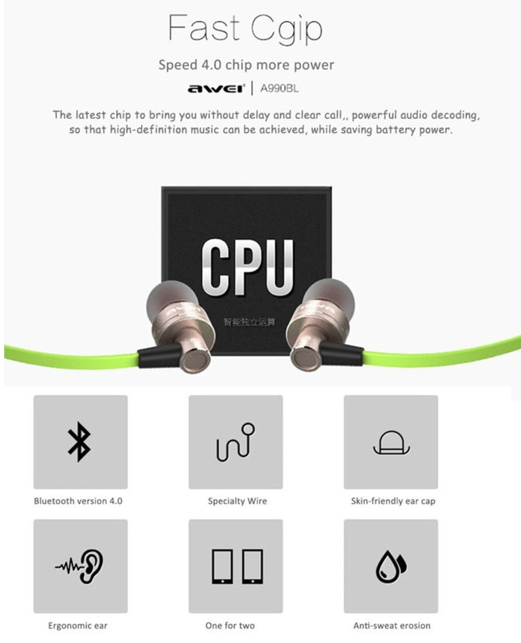 AWEI A990BL 無線運動藍牙立體聲耳機帶線控+麥克風，支持免提通話