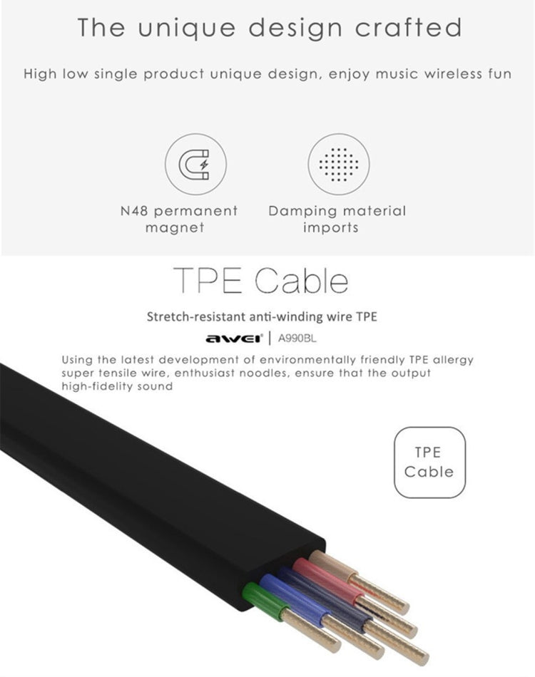 AWEI A990BL 無線運動藍牙立體聲耳機帶線控+麥克風，支持免提通話